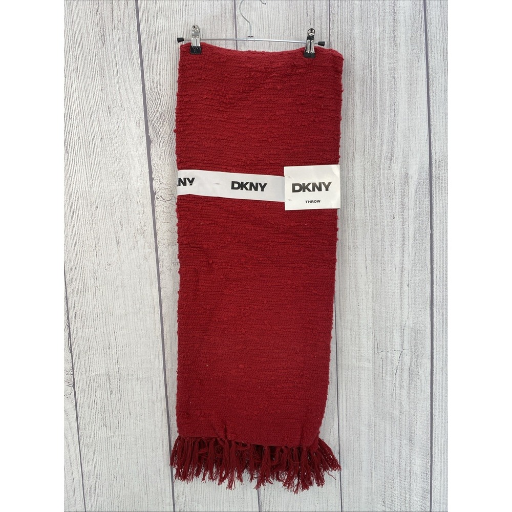 DKNY Throw Blanket 50x60 Alice Red Textured Woven Fringe Modern Cozy 100% Cotton
